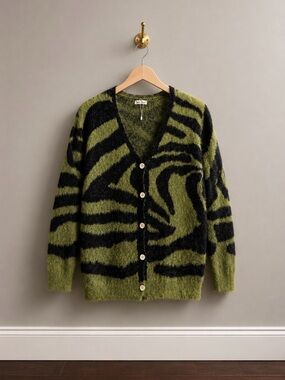 See Feel Fuzzy Zebra Cardigan Green Black Y2K Statement Sweater